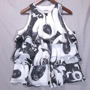 Isadora Chiffon‎ Tiered Ruffle Blouse Womens 12 Black White Abstract Artsy Flowy